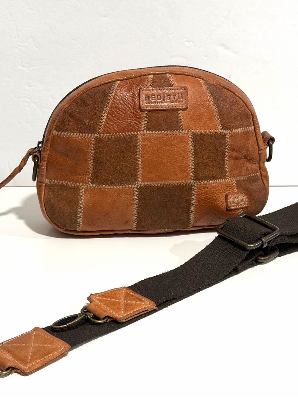 Bed Stu Abundance Patchwork Leather Sling Belt Bag Brown Crossbody Waist Pack - Picture 14 of 16